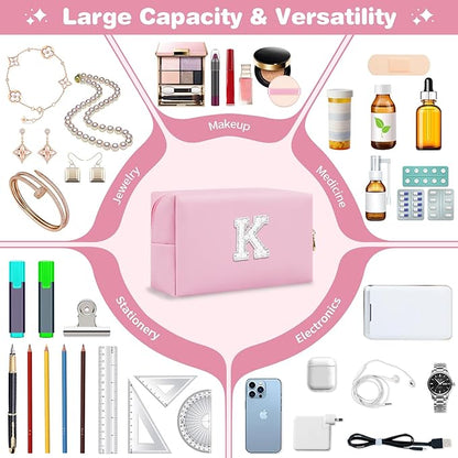 ChaoGreat Bride Gifts – Personalized Initial Makeup Bag with Pearl Rhinestone Patch, Preppy Pink Monogram Cosmetic/Toiletry Pouch, bridesmaid Gifts, Bridal Shower Gifts, Wedding Gifts, Bridal Gifts,K