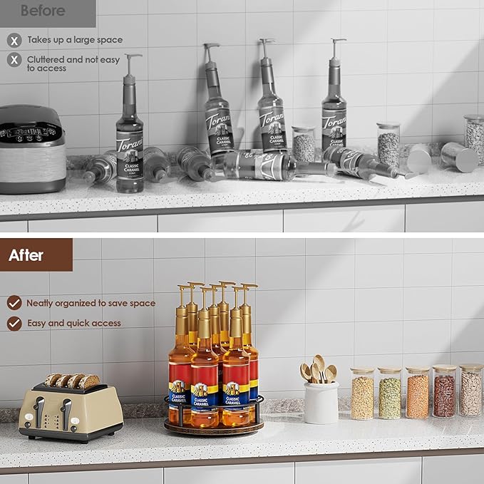 Nuovoware 7 Bottles Rotating Coffee Syrup Rack, Coffee Syrup Rack Organizer Carbon Steel Frame with Wooden Base Bottle Holder for Coffee Flavored Syrups Table Top Thermos Liquor, Black & Brown