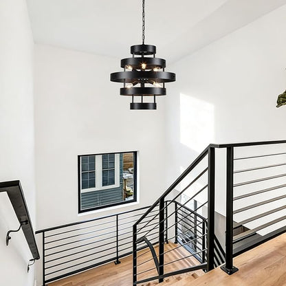 Modern Dining Room Light Fixture Over Table, 6-Light Black Farmhouse Chandelier Industrial Round Metal Rustic Chandeliers Lighting for Kitchen Living Room Entryway Hallway
