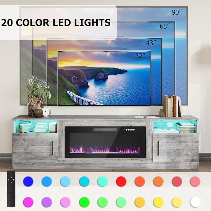 PRETZI Fireplace TV Stand with 36" Fireplace Up to 90" TVs, 80" Entertainment Center with LED Lights, Remote Control, TV Media Console with Storage Cabinets for Living Room, Grey
