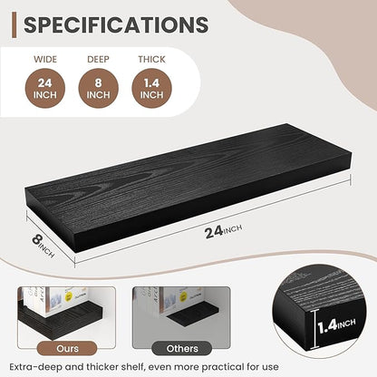 Acovy 24 Inch Floating Shelves, 8 Inch Deep Floating Shelves for Wall, Hanging Shelf with Invisible Brackets, Deep Shelves for Bathroom, Bedroom, Living Room, Black, Set of 2