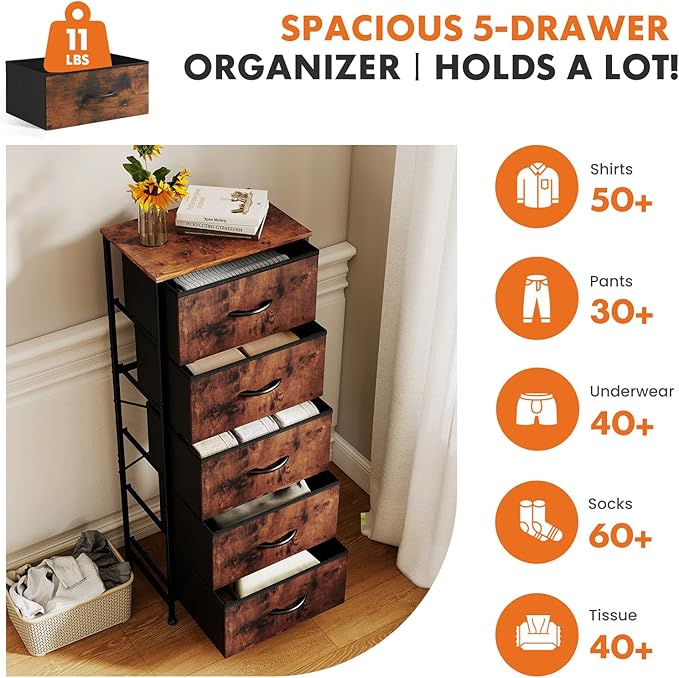 Sweetcrispy 5 Drawer Dresser with Fabric Bins Steel Frame Wood top Storage Chest for Bedroom Closet Hallway Brown Compact Organizer Durable Home Storage Solution