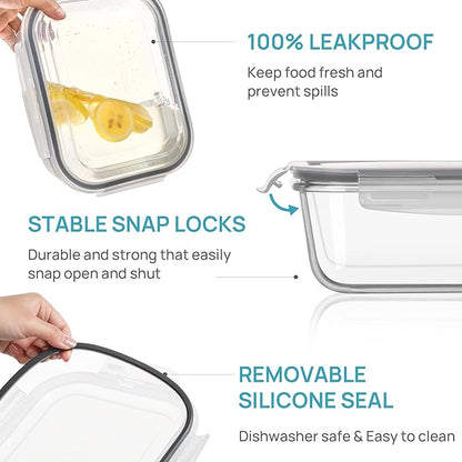 Vtopmart 2Pack 2260ml/ 76.4oz Large Glass Storage Containers with Lids, Meal Prep Food Container Set with Snap Airtight Lid for Baking, Microwave, Oven, Leak Proof, for Freezer, Dishwasher, Grey