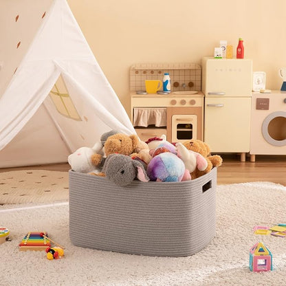 OIAHOMY XXLarge Rectangle Blanket Basket-96L, Cotton Woven Basket for Storage, Dirty Clothes Basket for Living Room, Nursery, Bedroom, Toy Organizing with Handle, 24" x 16" x 15", Grey