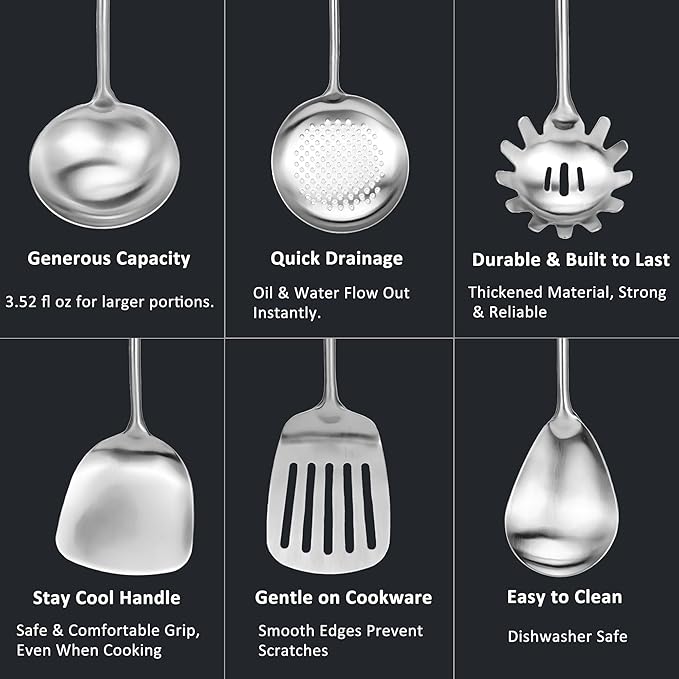 18/10 Stainless Steel Cooking Utensils Set 9 Pack Metal Kitchen Utensil, Spatula, Serving Soup spoon, Leaking shovel, Ladle, Tunner, Pasta Server, Meat Fork Kitchen Tools Set