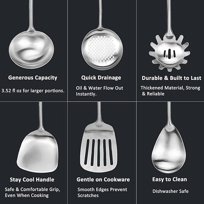 18/10 Stainless Steel Cooking Utensils Set 9 Pack Metal Kitchen Utensil, Spatula, Serving Soup spoon, Leaking shovel, Ladle, Tunner, Pasta Server, Meat Fork Kitchen Tools Set