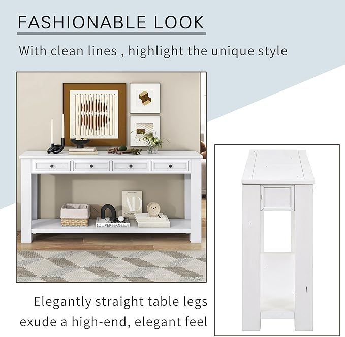 LKTART White Console Table,Solid Wood Sofa Table with 4 Drawers Hallway Table for Storage Entry Foyer Behind Couch Table,Easy Assembled (63" White)