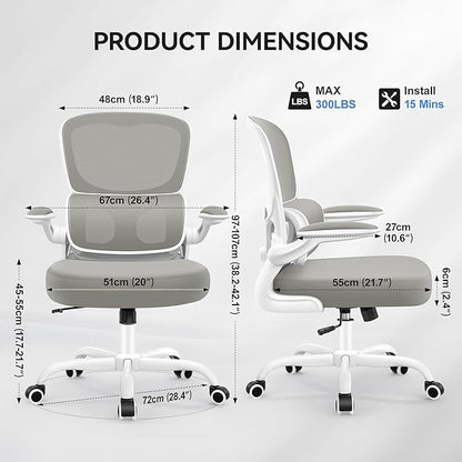 Ergonomic Office Chair, Breathable Mesh Ergonomic Desk Chair with Adjustable Lumbar Support, Flip-up Armrests, Computer Chairs Comfortable for Home, Office, Work, 300lbs, LightGray