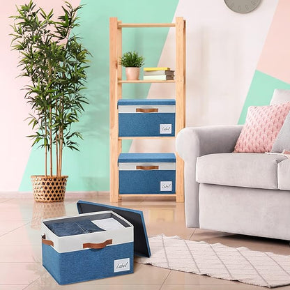 GhvyenntteS Fabric Storage Bins with Lids (3 Pack), Large Closet Storage Baskets with Lid and 3 PU Handles, Foldable Fabric Storage Boxes with Label Window for Home Office (Blue, 15" x 11" x 9.7")