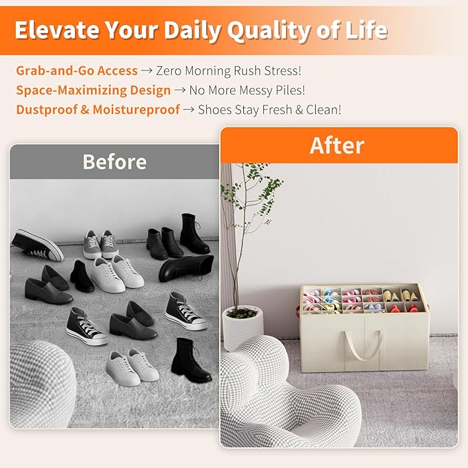 Aokeyee Shoe Organizer for Closet, 2 Pack Large Shoe Storage Box Fits up to 24-48 Pairs, Space Saving Foldable Shoes Organizer Bin w/Clear Cover and 4 Reinforced Handles, Beige