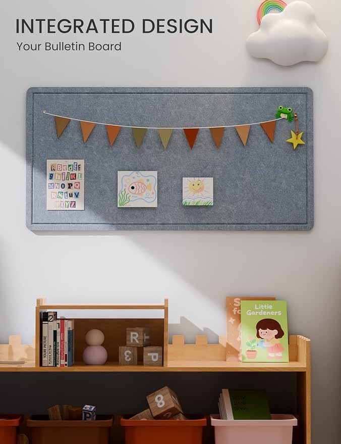 Fluxynara Bulletin Board, 35" x 17.5" Cork Board Alternative with 12 Safe Removable Adhesive Tabs, Foldable Felt Pin Board for Home Office, Classroom, Bedroom,Entryway for Walls— Blue Gray