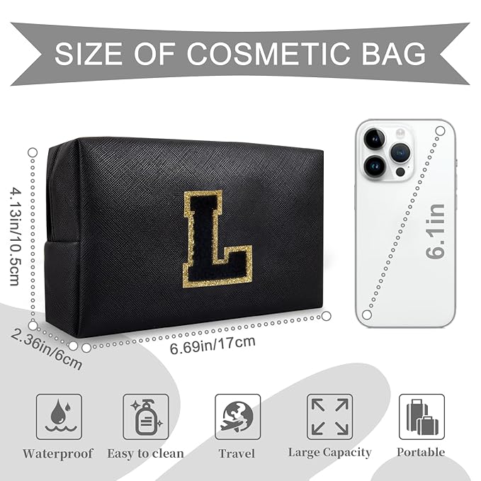 Personalized Initial A-Z Preppy Patch Makeup Bag,Small PU Chenille Letter Cosmetic Bag with Zipper for Teen Girls,Black Cute Toiletry Organizer Bag,Monogram Makeup Case Gift for Women Girls,Letter L