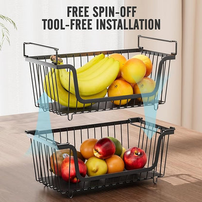 GAOKASE 6 Pcs Stackable Wire Baskets for Pantry Organizers and Storage,Vegetable Fruit Basket for Countertop,Kitchen Storage Metal Baskets,Produce Potato Onion Storage Bin,Black