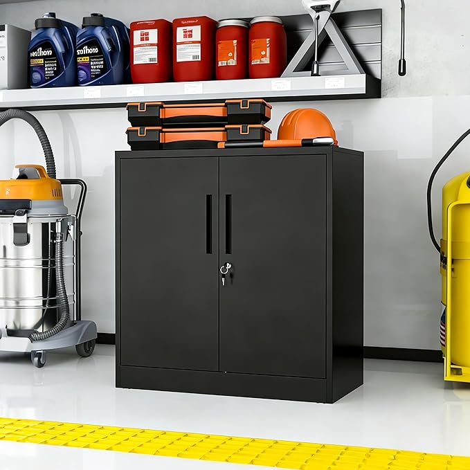 Garage Metal Storage Cabinet with Lock, H35.5 Short Storage Cabinet with Adjustable Shelves and Doors, Metal Tool Cabinet Lockable for Garage, Utility Room
