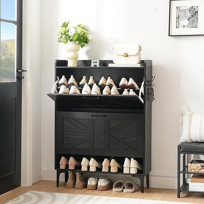 MAHANCRIS Shoe Storage Cabinet, Shoe Organizer with 2 Flip Drawers, Hidden Shoe Storage for Entryway, Freestanding Shoe Cabinet Organizer with Open Storages, Black SHHB9401