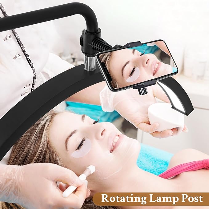 Lash Lamp - Esthetician Light for Eyelash Tech,Tattoo Artists, Nail Tech, Led Half Moon Light for Lashes Extensions, Warm/Cool Floor Piano Lamp with Phone Holder, Adjustable Brightness & Height