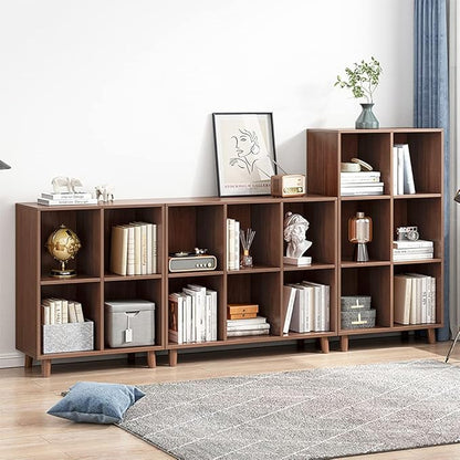 IOTXY Freestanding Open Cubes Bookcase - 2-Tier Floor Standing Wooden Storage Display Cabinet Organizer with Legs for Home Office, 4-Cubes Open Shelf Low Short Bookshelf, Walnut