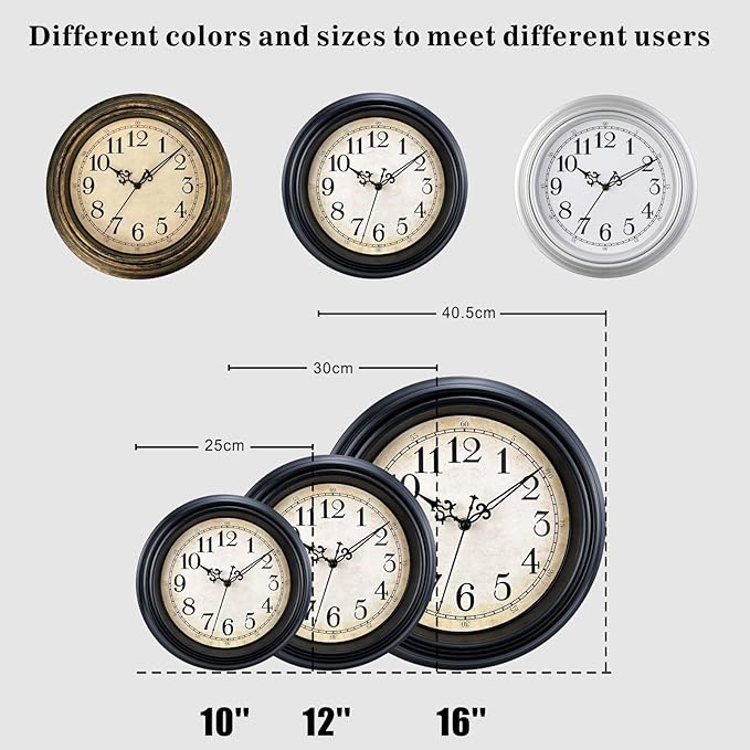 Plumeet Retro Wall Clock, 12'' Non Ticking Classic Silent Vintage Wall Clocks Decorative Kitchen Living Room Bedroom - Battery Operated, Black
