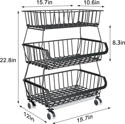 3-Tier Rolling Pantry Floor Organizer, Stackable Pantry Storage Cart with Wheels, Metal Wire Pantry Baskets, Kitchen Fruit Basket Stand, Vegetable Storage Rack for Fruits Snacks Onions Potatoes,1 Pack