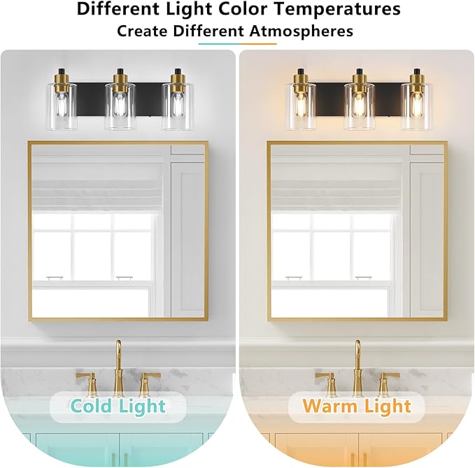 Bathroom Light Fixtures,Matte Black and Gold 3-Light Bathroom Lights with Clear Glass Shade,Modern Wall Sconces Over Mirror for Bathroom, Black&Gold, JD-188