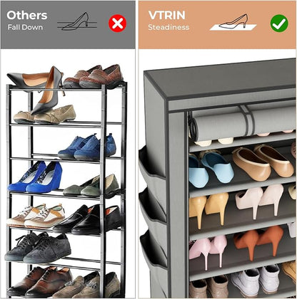 VTRIN Vertical Narrow Shoe Rack Organizer Tall Shoe Rack for Closet Entryway 10 Tier Non-Woven Cover Shoe Shelf Holds 36-41 Pairs Free Standing Shoe Storage Cabinet with Dustproof Cover, Grey