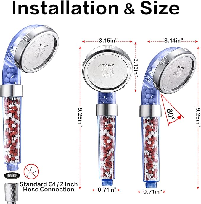 NOSAME Shower Head, Filter Filtration High Pressure Water Saving 3 Mode Function Spray Handheld Showerheads for Dry Skin & Hair