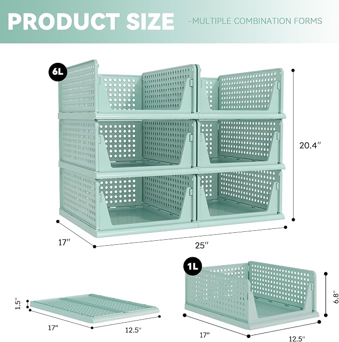 Pinkpum Green Boy Closet Organizers and Storage Stackable Plastic Drawer Basket for Clothing Stackable Storage Bins Shelf Storage Container for Rv Closet Wardrobe Bedroom Bathroom Playroom Man 6 Pack