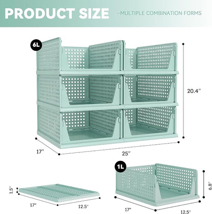 Pinkpum Green Boy Closet Organizers and Storage Stackable Plastic Drawer Basket for Clothing Stackable Storage Bins Shelf Storage Container for Rv Closet Wardrobe Bedroom Bathroom Playroom Man 6 Pack