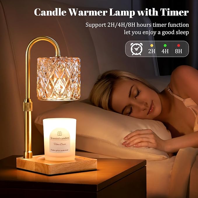 Hong-in Candle Warmer Lamp with Timer -Dimmable Adjustable Height Wax Melt Warmer for Jar Candles,Vintage Home Decor with Elegant Amber Glass,Birthday Gifts for Women, Mom, Friend, Sister