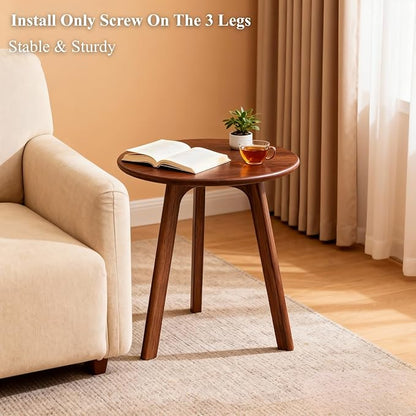 100% Solid Oak Small Side Table - Easy Assembly Round End Table with 3 Legs Pillars for Living Room, Bedroom, or Balcony - Mid Century Modern Nightstand for Small Spaces (Walnut, 2)
