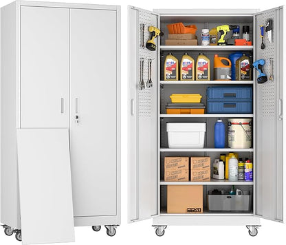 Garage Storage Cabinet with Wheels & Pegboard, 71" H x 34" W x 18" D Locking Metal Storage Cabinet with 2 Doors and 5 Adjustable Shelves for Garage, Home, White, Assembly Required