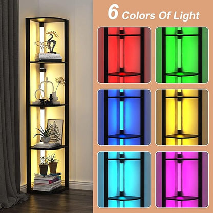 VTRIN Corner Shelf with Light, Modern Home Decor Stand Floor Lamps with Storage Shelves for Collectibles, Sturdy 5-Tier Corner Bookshelf Cabinet Display Shelf for Living Room Bedroom Small Space