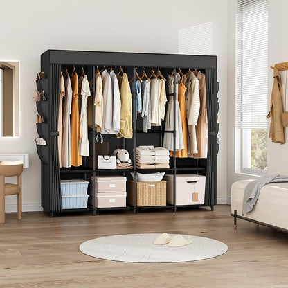 Portable Closet for Hanging Clothes, 67 Inch Wide Portable Wardrobe Closet with Cover, 4 Hanging Rod, Storage Shelves and Side Pockets, Large Free Standing Closet for Bedroom, Black
