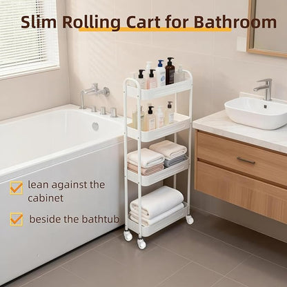 LIWNYRK 4 Tier Slim Kitchen Storage Cart for Narrow Space, 7.1'' Wide Metal Rolling cart with Wheels and Lockable Casters, Sturdy Mobile Thin Shelf for Laundry Room Between Washer and Dryer, White