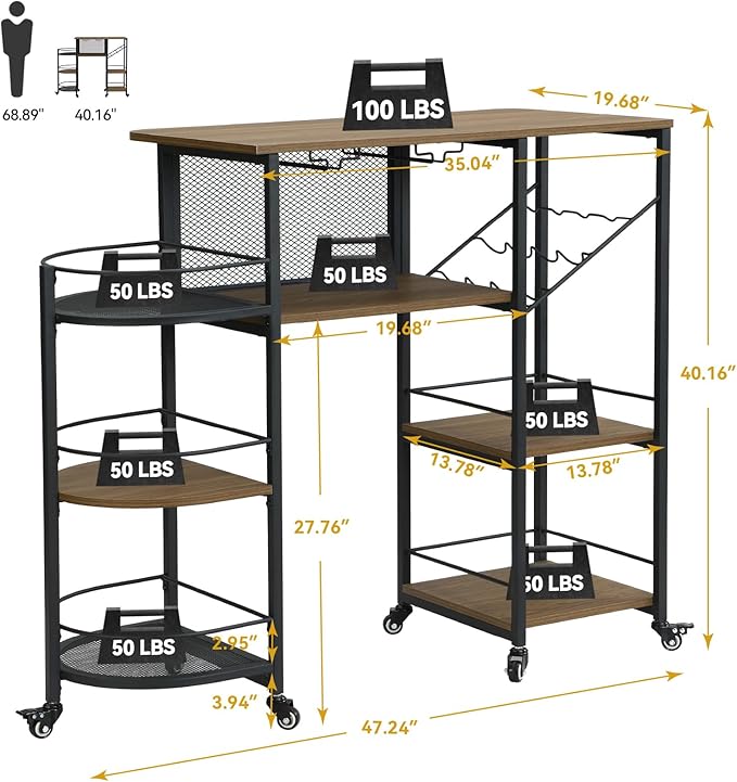 Bar Cart, Home Bar Service Cart with Wine Rack and Glass Holder, Kitchen Cart with Rolling Wheels, Metal Bar Rack with 7 Tiers Storage for Home, Kitchen, Living Room, Dining Room (Brown)