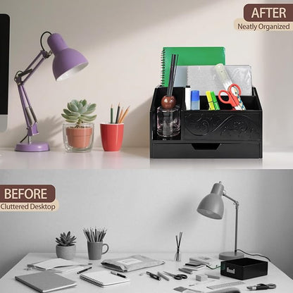 Black Wooden Mail Organizer with Drawer, Three Tiered Desk Accessories for Office Organization and Storage, Stylish Countertop Document Storage, Home/Office/Classroom Supplies (Black02)