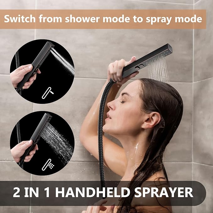 Shower Faucet Set Rainfall Shower System with Square Showerhead and Handle Set Fixture with 2 in 1 Function Handheld Sprayer Wall Mounted Trim Repair Kit Rough-in Valve 8 Inch Oil Rubbed Bronze