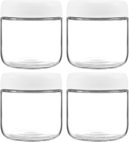 4 Pack Glass Clear Storage Canister with Airtight Lid, 12oz Overnight Oats Containers, Small Cute Decorative Pantry Jar for Snacks, Yogurt, Cereal, Fruit, Salad, Spice, Sugar, Coffee - White
