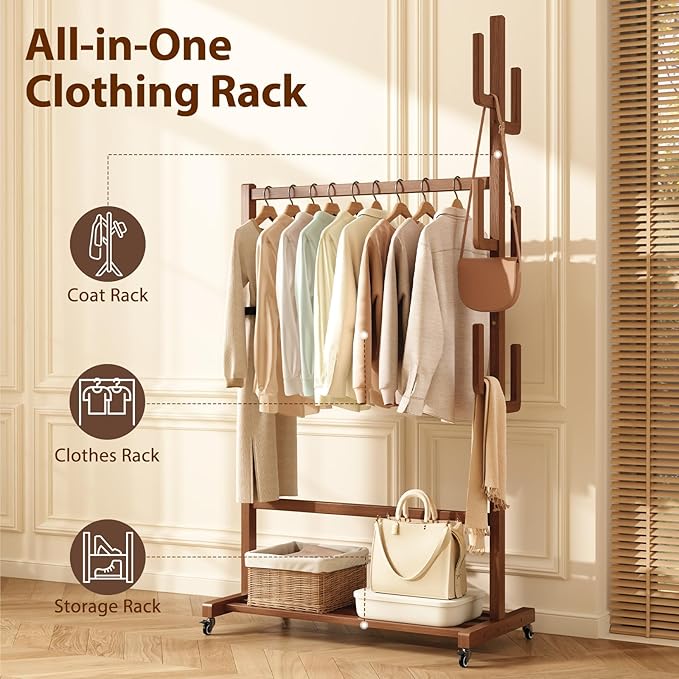 Solid Wood Clothing Rack, Rolling Clothes Racks for Hanging Clothes, Heavy Duty Garment Rack with Wheels, Hanging Rack with 6 Cactus Hooks and Storage Shelf, Easy Assembly, Walnut