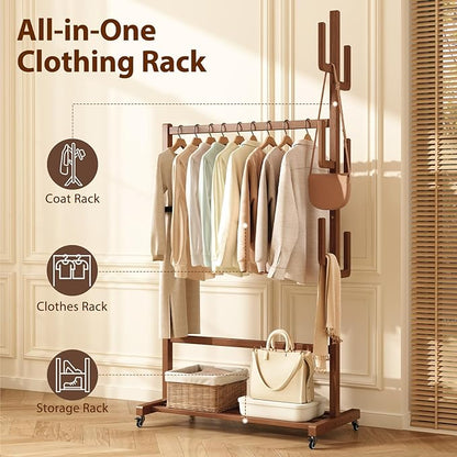 Solid Wood Clothing Rack, Rolling Clothes Racks for Hanging Clothes, Heavy Duty Garment Rack with Wheels, Hanging Rack with 6 Cactus Hooks and Storage Shelf, Easy Assembly, Walnut