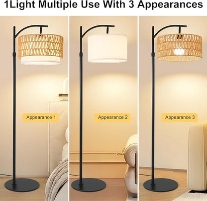 Bohemian Rattan Floor Lamp for Living Room - Black Arc Design, 12W LED (1 in use + 1 Spare), Remote & Dimmable 3 - Color Temp, Tall Standing Lamp