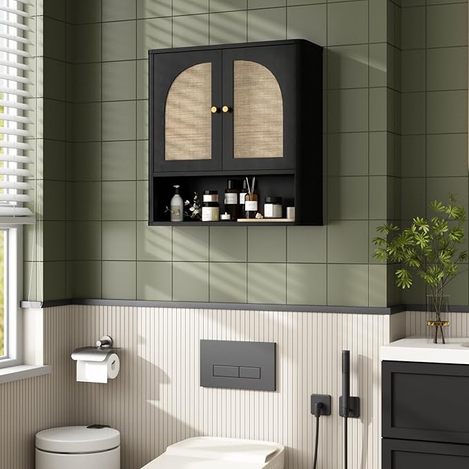 RUSTOWN Rattan Bathroom Wall Cabinet, Over The Toilet Storage Cabinets with 2 Arched Doors, Modern Medicine Cabinet with Adjustable Shelf & Rounded Edges, Mid-Century Bathroom Organization