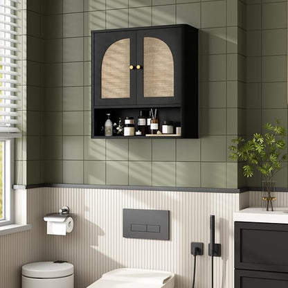 RUSTOWN Rattan Bathroom Wall Cabinet, Over The Toilet Storage Cabinets with 2 Arched Doors, Modern Medicine Cabinet with Adjustable Shelf & Rounded Edges, Mid-Century Bathroom Organization
