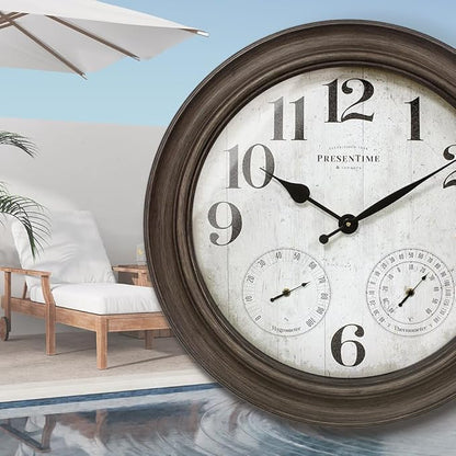 Presentime & Co. 26" Clifton in/Outdoor Farmhouse Clock with Thermometer & Hygrometer as All in One Weather Station, Farmhouse Wall Art and Timepiece for Home Decoration, Grey Oak Finish