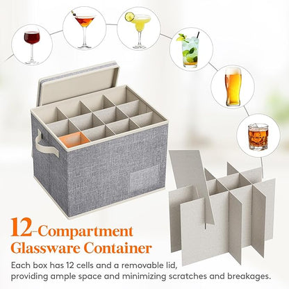 Lifewit 3 Pcs Wine Glass Storage Box with Dividers, Stackable Cationic Hard Shell Stemware Organizer with 36 Cells, Foldable Dustproof China Containers for Moving, Light Grey