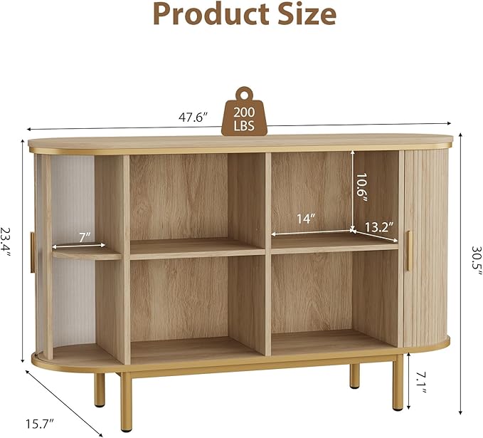 QUW Console Table with Sliding Tambour Doors, 47" TV Stand with Storage & Adjustable Open Shelves for TVs up to 55", Modern Entryway Table for Living Room, Foyer, Hallway, Natural Oak