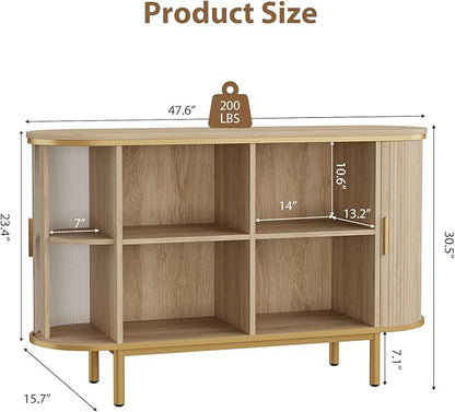 QUW Console Table with Sliding Tambour Doors, 47" TV Stand with Storage & Adjustable Open Shelves for TVs up to 55", Modern Entryway Table for Living Room, Foyer, Hallway, Natural Oak