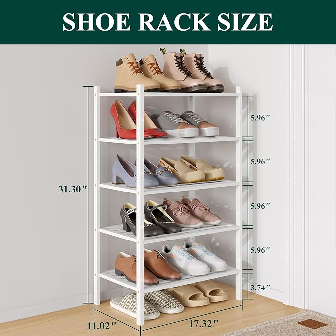 Smiry Small Bamboo Shoe Rack 5-Tier, Stackable Wooden Shoe Organizer for Entryway & Closet, Free Standing Wood Shoe Storage Shelf for Front Door & Small Spaces, White
