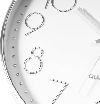 Foxtop Silver Wall Clock Silent Non-Ticking Battery Operated Round Modern Wall Clock for Office School Home Living Room Bedroom Bathroom Kitchen Decor 12 inch
