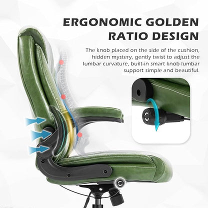 YAMASORO Executive Office Chair,Big and Tall Ergonomic Desk Chair with Adjustable Lumbar Support,Breathable PU Leather Computer Chair wih Flip-up Arms and Wheels,Green